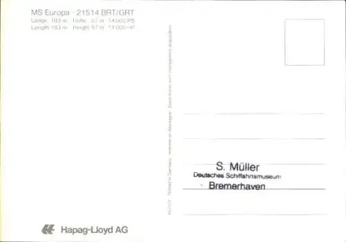 Ak Passagierschiff MS Europa, HAPAG Lloyd, Kreuzfahrt