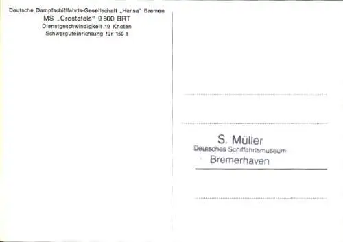 Ak Frachtschiff MS Crostafels, DDG Hansa