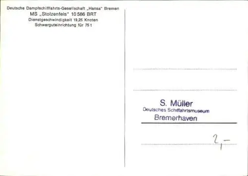 Ak Frachtschiff MS Stolzenfels, DDG Hansa