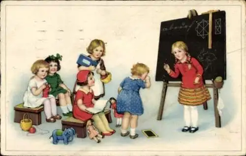 Litho Mädchen in der Schule, Tafel, Spielzeug, Puppen, Strickzeug