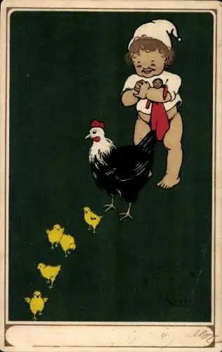 Litho Glückwunsch Ostern, Huhn, Küken, Kleinkind