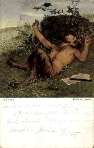 Künstler Ak Böcklin, Arnold, Faun mit Amsel, Märchengestalt, Ziegenhufe