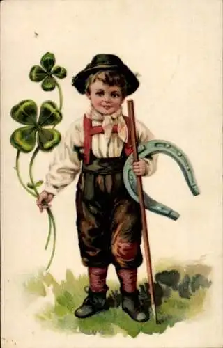 Präge Ak Glückwunsch, Junge, Hufeisen, Kleeblätter