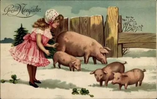 Präge Litho Glückwunsch Neujahr, Mädchen, Schweine, Kleeblätter