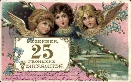 Präge Litho Glückwunsch Weihnachten, Drei Engel, 25 Dezember, Vergissmeinnichtblüten