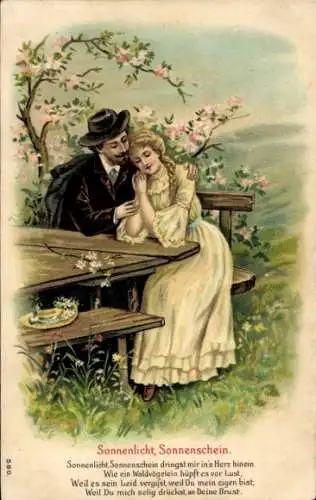 Präge Litho Sonnenlicht, Sonnenschein, Liebespaar, Umarmung, Frühlingsblüte