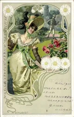 Künstler Litho Schubert, H., Ein Wenig, elegante Dame, Mann, Blumen