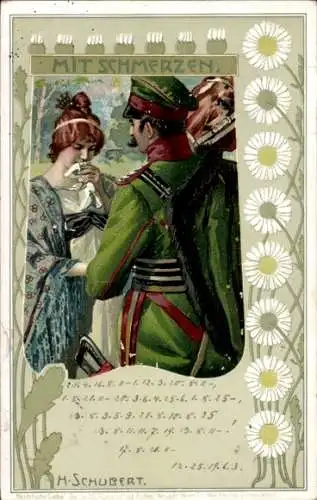 Passepartout Künstler Litho Schubert, H., Mit Schmerzen, Soldat, Abschied