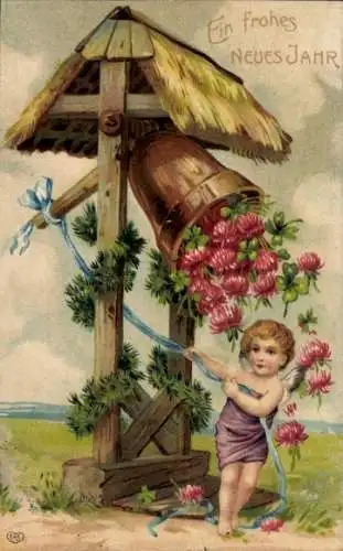 Präge Ak Glückwunsch Neujahr, Glocke, Engel, Blumen, EAS
