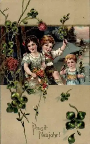 Präge Ak Glückwunsch Neujahr, Kinder, Glücksklee
