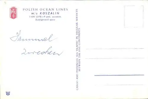 Künstler Ak Polskie Linie Oceaniczne, Polish Ocean Lines, M.S. Koszalin