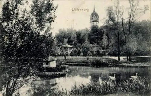 Ak Lutherstadt Wittenberg, Stadtansicht mit Schwanenteich, Wasserturm, zwei Gebäuden und Bäumen