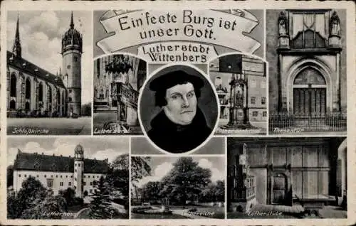 Ak Lutherstadt Wittenberg, Die Postkarte zeigt in der Mitte ein Portrait von Martin Luther. Um...