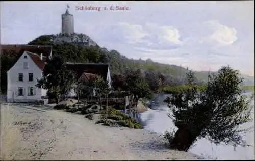 Ak Schönburg an der Saale Burgenlandkreis, Burg Schönburg, Saale, Häuser, Baum