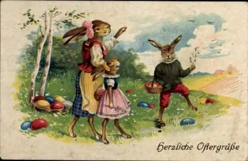 Litho Herzliche Ostergrüße, Ostehasen, Ostereier