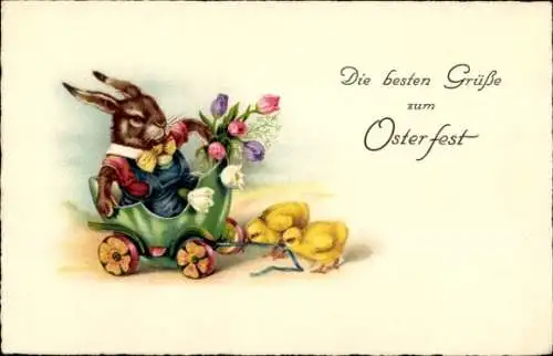 Litho Grüße zum Osterfest, Osterhasen im Wagen, Küken