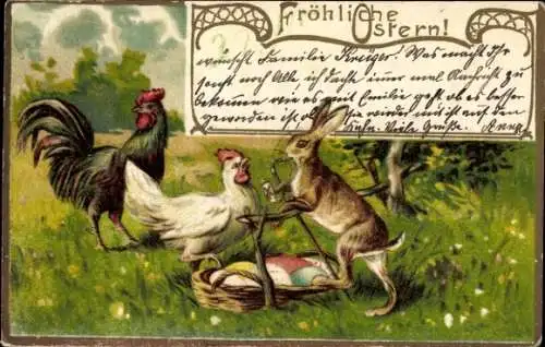 Litho Fröhliche Ostern, Hase, Eier im Korb, Hühner