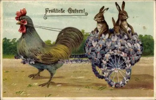 Ak Frohe Ostern, Hahn zieht Wagen aus Veilchen, Osterhasen