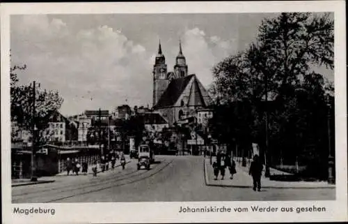 Ak Magdeburg an der Elbe, Johanniskirche vom Werder aus gesehen