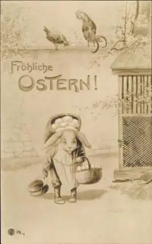 Ak Frohe Ostern, Osterhase mit Korb und Hut vor Hühnerstall