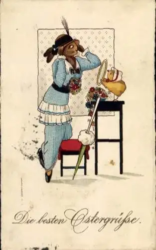 Ak Frohe Ostern, Hasenfrau im blauen Kleid, Küken hält Spiegel