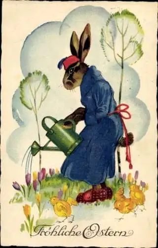 Ak Glückwunsch Ostern, Osterhase gießt Blumen, Gießkanne, Küken