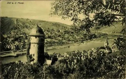 Ak Zell an der Mosel, Gesamtansicht, Turm, Mosel