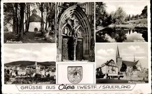 Ak Olpe im Sauerland Westfalen, Rochuskapelle, Portal Martinuskirche, Stadtpark, Wappen, Totale