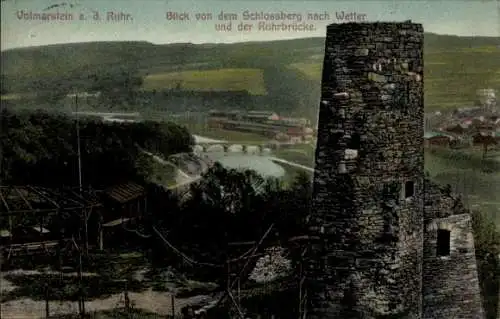 Ak Volmarstein Wetter an der Ruhr, Blick vom Schlossberg nach Wetter, Ruhrbrücke