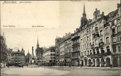 Ak München Bayern, Marienplatz mit Mariensäule, altes Rathaus, neues Rathaus, Petersturm