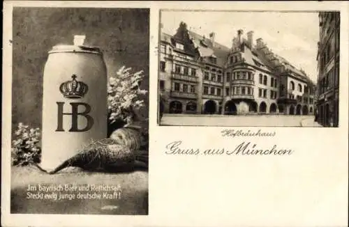 Ak München, Außenansicht des Kgl. Hofbräuhauses, Hans Bacherl, Bierkrug