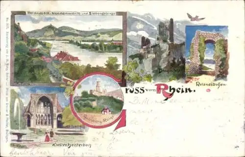 Ak Rolandseck Remagen am Rhein, Rolandsbogen, Gruss vom Rhein, Drachenfels, Godesberg