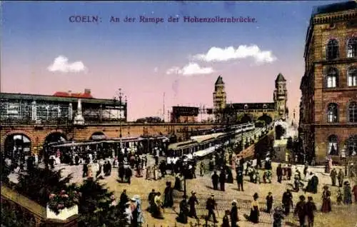 Ak Köln Rhein, Rampe der Hohenzollernbrücke, Eisenbahn