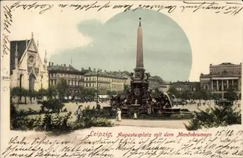 Ak Leipzig in Sachsen, Augustusplatz mit dem Mendebrunnen, Obelisk