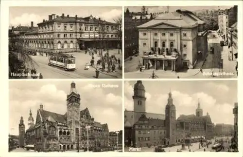 Ak Chemnitz Sachsen, Markt, Schauspielhaus, Rathaus, Hauptbahnhof, Straßenbahn