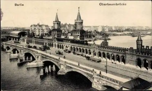 Ak Berlin Friedrichshain, Oberbaumbrücke, Türme, Verkehr