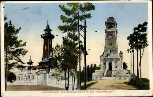 Ak Berlin Köpenick, Aussichtsturm und Bismarckwarte in den Müggelbergen, Restaurant Müggelturm