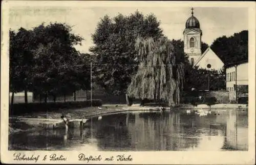 Ak Berlin Treptow Bohnsdorf, Dorfteich mit Kirche