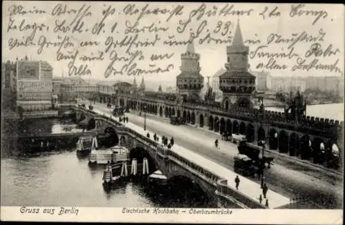 Ak Friedrichshain Berlin, Blick auf die Oberbaumbrücke, Elektrische Hochbahn