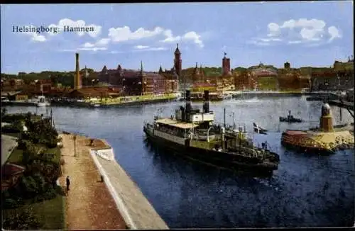 Ak Hälsingborg Helsingborg Schweden, Dampfer verlässt Hafen, Stadt