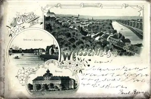 Litho Weißenfels im Burgenlandkreis, Brücke, Bahnhof, Schloss, Totalansicht