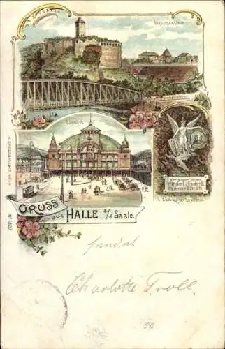 Litho Halle an der Saale, Bahnhof, Brücke, Burg Giebichenstein