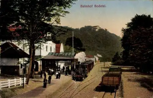 Ak Thale im Harz, Bahnhof Bodetal, Gleisseite, Dampflok