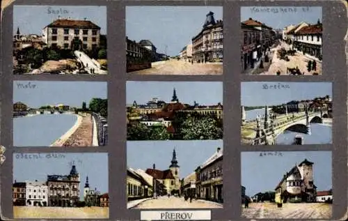 Ak Přerov Prerau Region Olmütz, Teilansichten, Schule, Brücke, Platz, Schloss