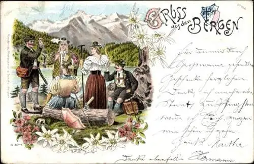 Litho Gruß aus den Bergen, Wanderer, Rast, Edelweiß