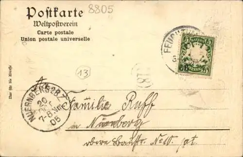 Präge Passepartout Ak Feuchtwangen in Mittelfranken, Stadtansicht, Rehbock, Auerhahn, Wappen