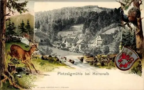 Präge Wappen Passepartout Ak Bad Herrenalb im Schwarzwald, Plotzsägmühle, Reh