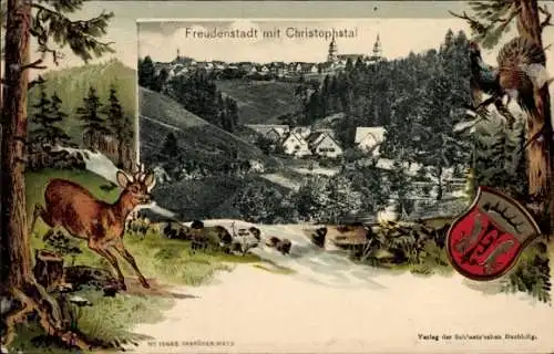 Präge Passepartout Ak Freudenstadt im Schwarzwald, Panorama mit Christophstal, Reh, Wappen