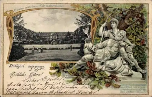 Präge Passepartout Ak Stuttgart in Württemberg, Frohe Ostern, Anlagensee, Statue