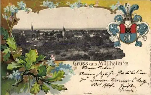 Präge Wappen Passepartout Ak Müllheim in Baden Markgräflerland, Gesamtansicht, Eichenblatt